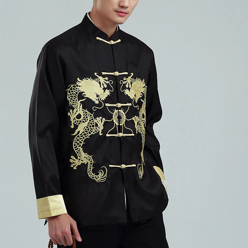 Buddha Stones Ricama Drago Maniche Girate Casual Rana-bottoni Fibra di Poliestere Giacca Camicia Pantaloni Abbigliamento Uomo - Image 12