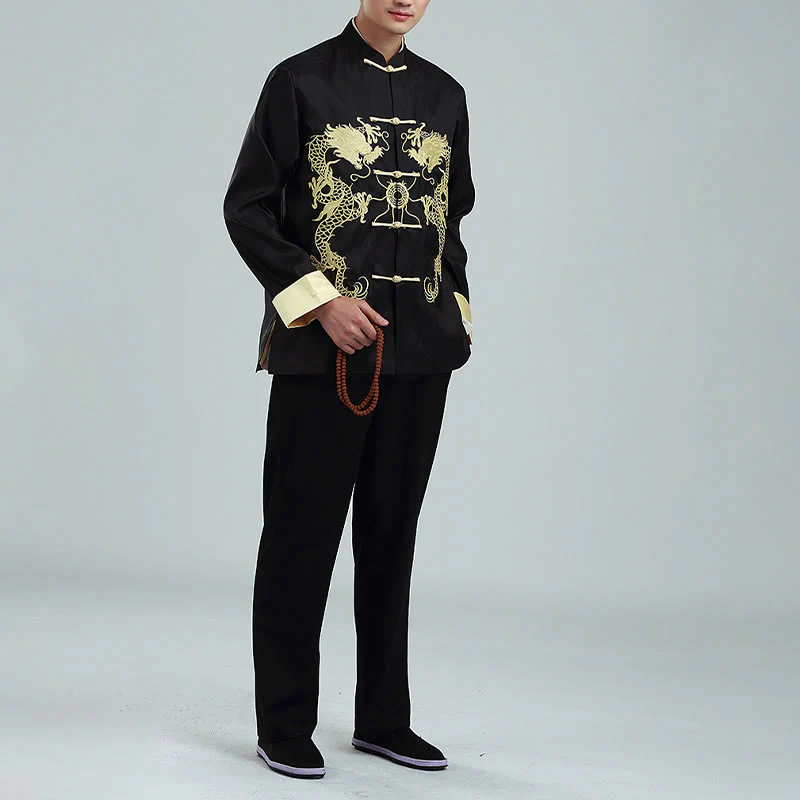 Buddha Stones Ricama Drago Maniche Girate Casual Rana-bottoni Fibra di Poliestere Giacca Camicia Pantaloni Abbigliamento Uomo - Image 15
