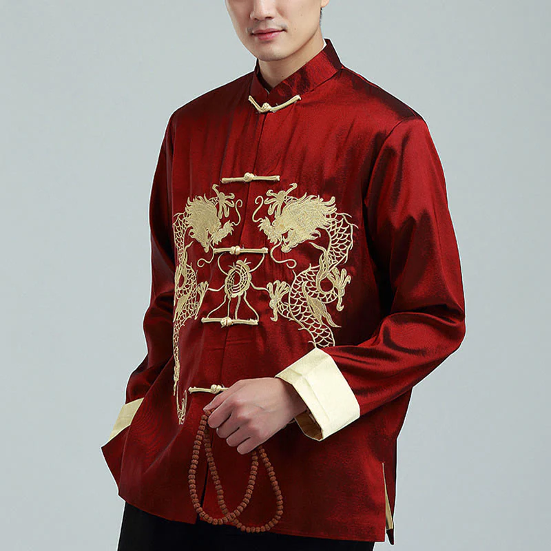 Buddha Stones Ricama Drago Maniche Girate Casual Rana-bottoni Fibra di Poliestere Giacca Camicia Pantaloni Abbigliamento Uomo - Image 3