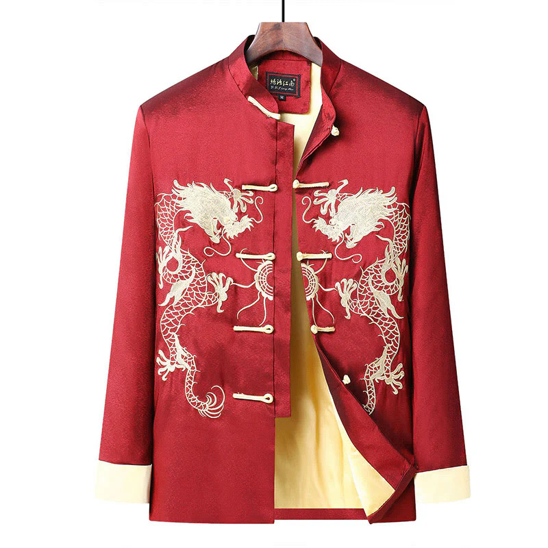 Buddha Stones Ricama Drago Maniche Girate Casual Rana-bottoni Fibra di Poliestere Giacca Camicia Pantaloni Abbigliamento Uomo - Image 6