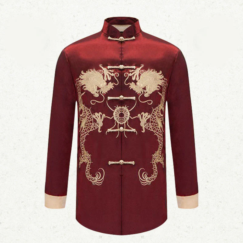Buddha Stones Ricama Drago Maniche Girate Casual Rana-bottoni Fibra di Poliestere Giacca Camicia Pantaloni Abbigliamento Uomo - Image 7