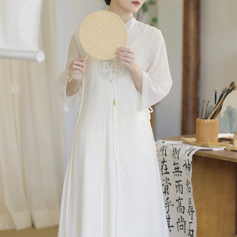 Buddha Stones Ricamo Chiffon Cheongsam Midi Vestito Pantaloni Gamba Larga Meditazione Zen Pratica Abbigliamento - Image 3