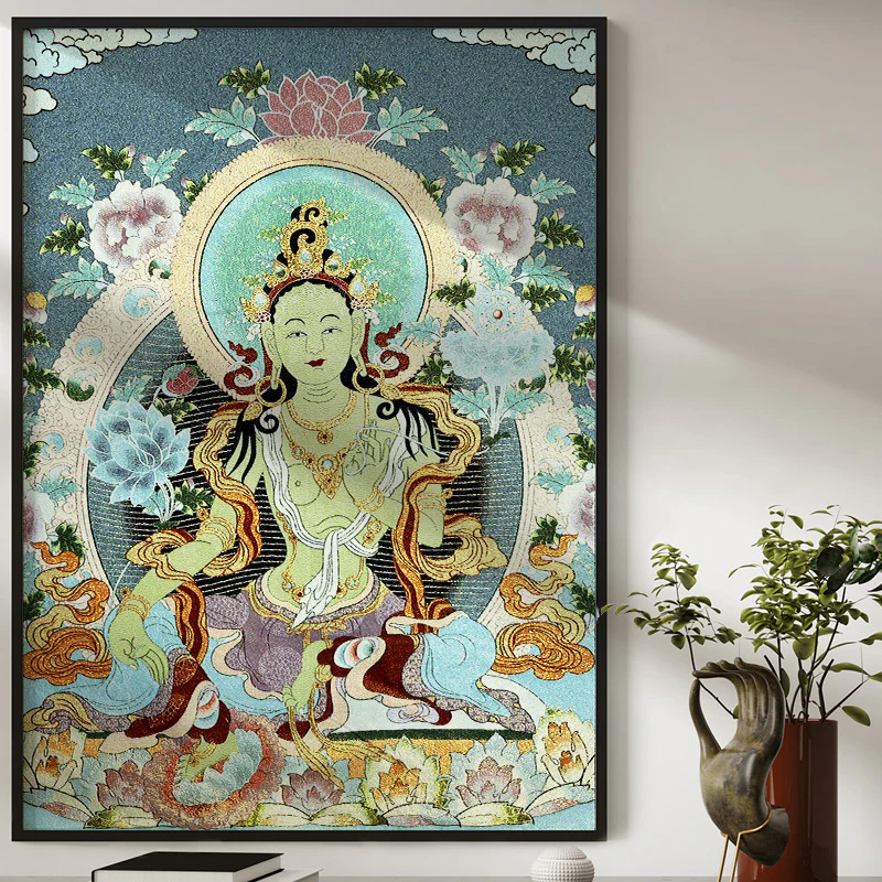 Buddha Stones Ricamo Tibetano Tara Bianca Thangka Arazzo Appeso a Parete Arte della Parete Meditazione per la Decorazione della Casa - Image 4