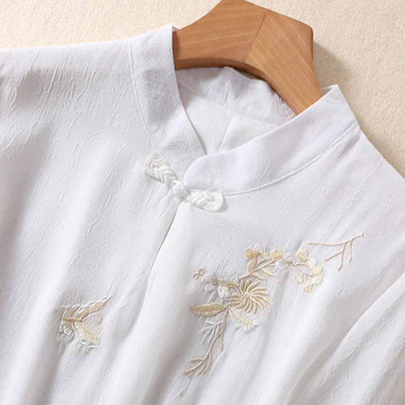 Buddha Stones Ricamo Piante Fiori Mezza Manica Semplice Rana-Bottone Collo Alto Camicia da Donna - Image 13
