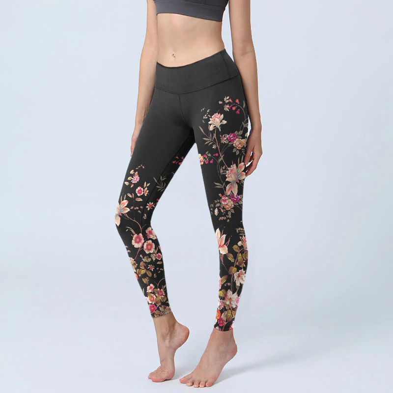 Buddha Stones Rose rosa Fiori beige Stampa Leggings da palestra Fitness Pantaloni da yoga da donna