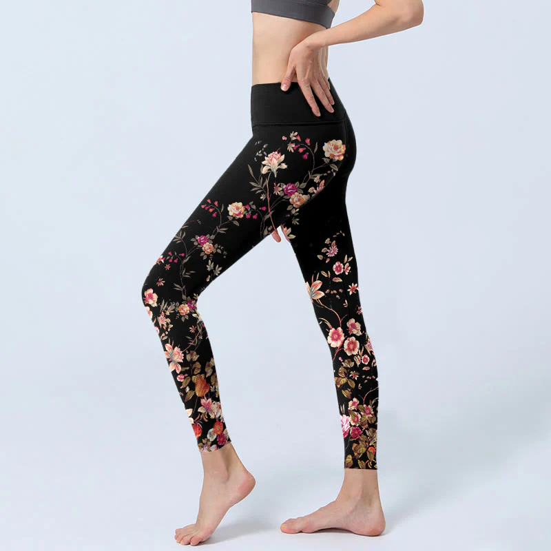 Buddha Stones Rose rosa Fiori beige Stampa Leggings da palestra Fitness Pantaloni da yoga da donna - Image 3