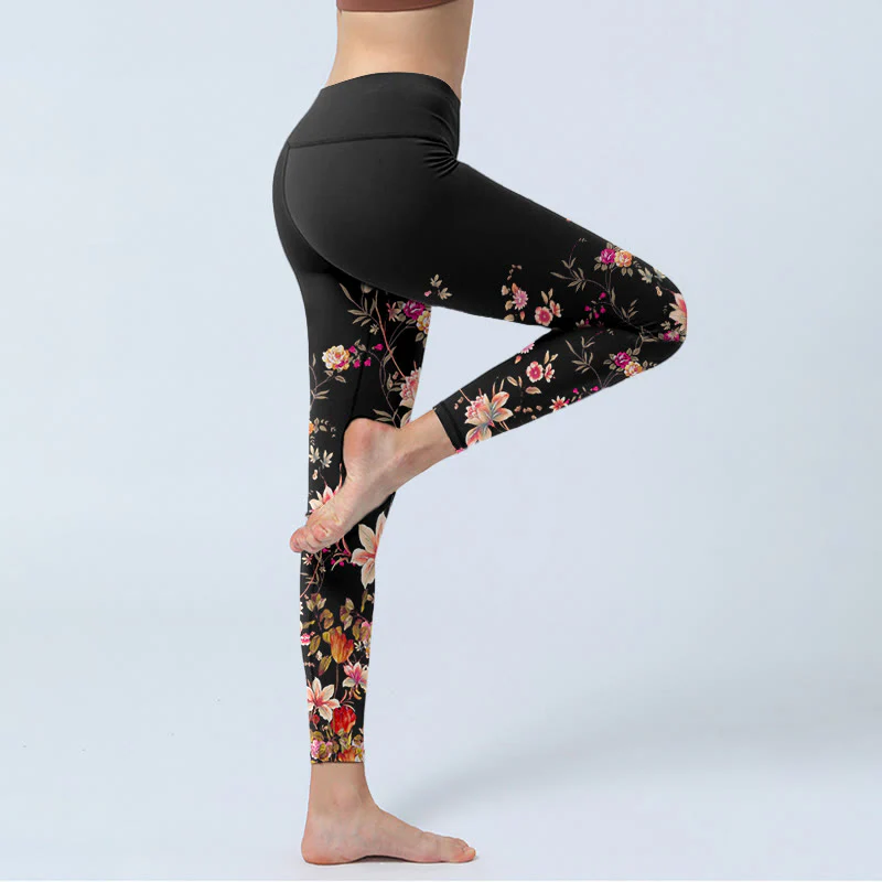 Buddha Stones Rose rosa Fiori beige Stampa Leggings da palestra Fitness Pantaloni da yoga da donna - Image 4