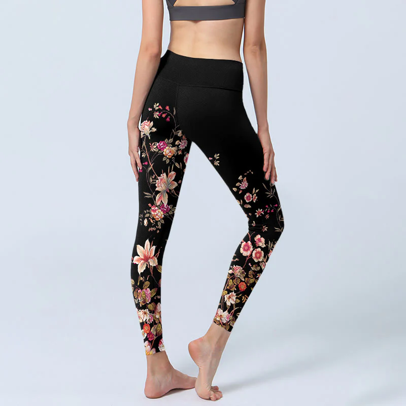 Buddha Stones Rose rosa Fiori beige Stampa Leggings da palestra Fitness Pantaloni da yoga da donna - Image 5