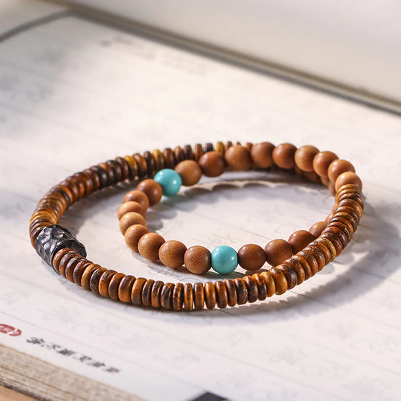 Braccialetto di protezione a doppio giro con Buddha Stones di sandalo, piccola foglia di sandalo rosso e turchese - Image 2