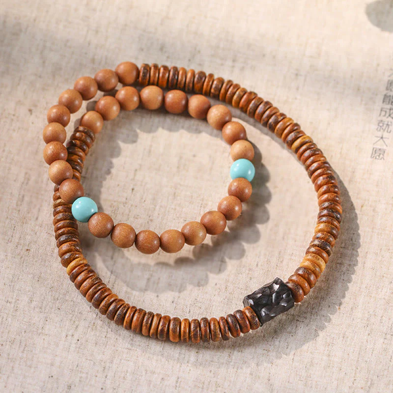 Braccialetto di protezione a doppio giro con Buddha Stones di sandalo, piccola foglia di sandalo rosso e turchese - Image 3