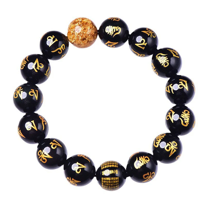 Buddha Stones Sei vere parole Om Mani Padme Hum Braccialetto creatività in lamina d'oro con ossidiana arcobaleno - Image 10
