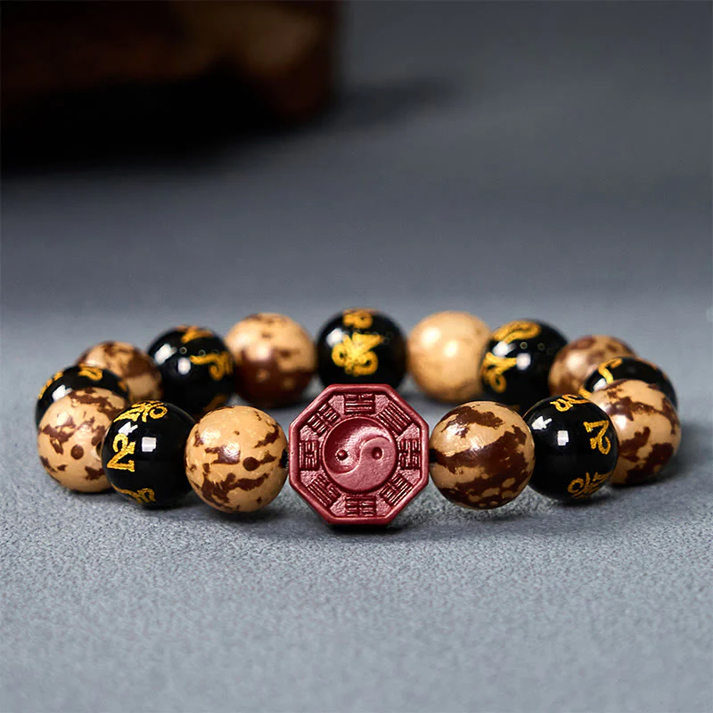 Buddha Stones Seme di Bodhi Om Mani Padme Hum Bagua Yin Yang Bracciale calmo intagliato cinabro
