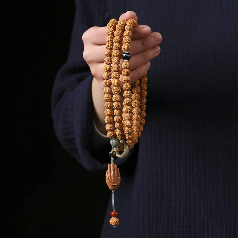 Buddha Stones Semi di Bodhi Perlina Dzi a tre occhi Ciondolo della mano del Buddha Bracciale della ricchezza