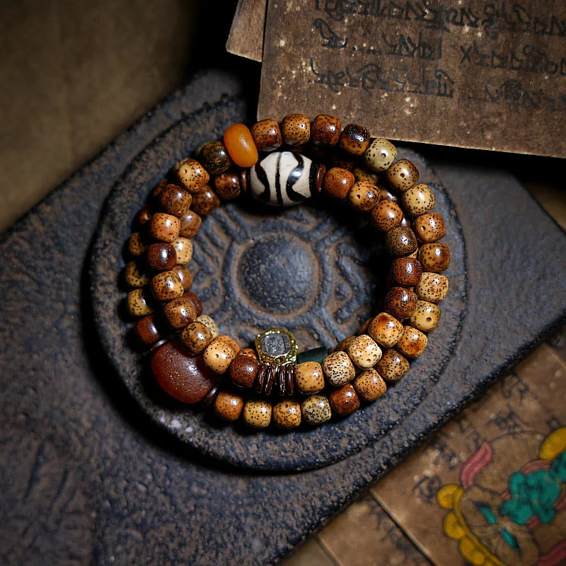 Buddha Stones Semi di Bodhi Tibetano Ambra Perline Dzi Agata Zakiram Dea della Ricchezza Perline Bracciale Triplo Avvolgimento