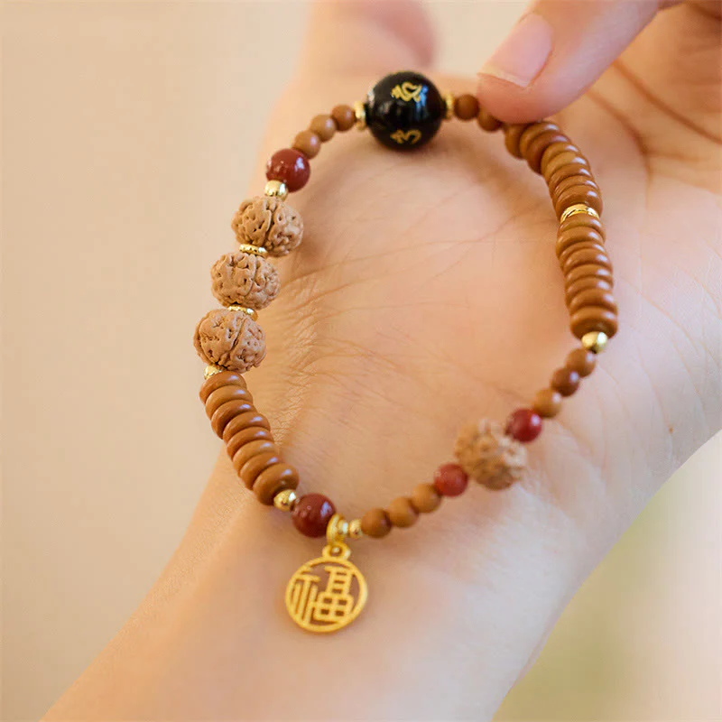 Buddha Stones Semi di Bodhi Tibetano Onice Nero Quarzo Fumé Om Mani Padme Hum Fu Carattere Bracciale Ricchezza - Image 2