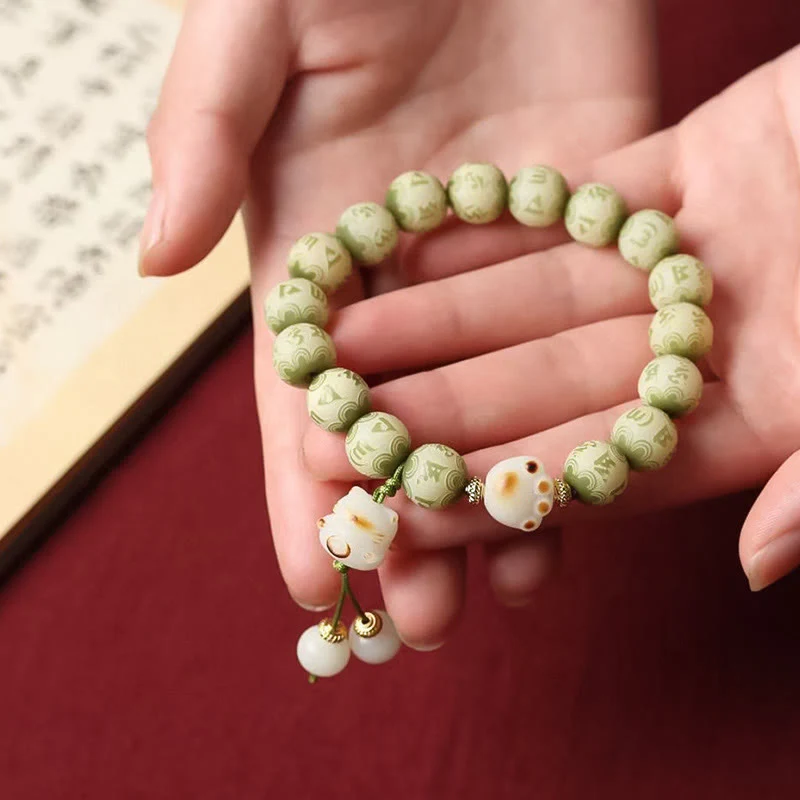 Buddha Stones Semi di Bodhi verdi Zampa di gatto Om Mani Padme Hum Braccialetto della saggezza inciso - Image 8