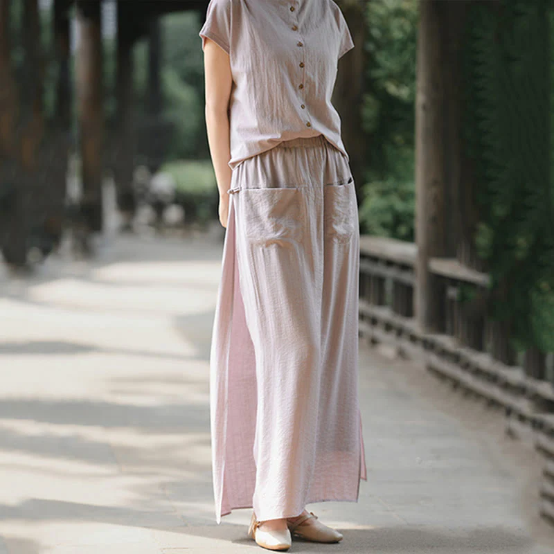 Buddha Stones Set da donna in cotone per meditazione, 2 pezzi, con bottoni, camicia a maniche corte, gonna e tasche - Image 4