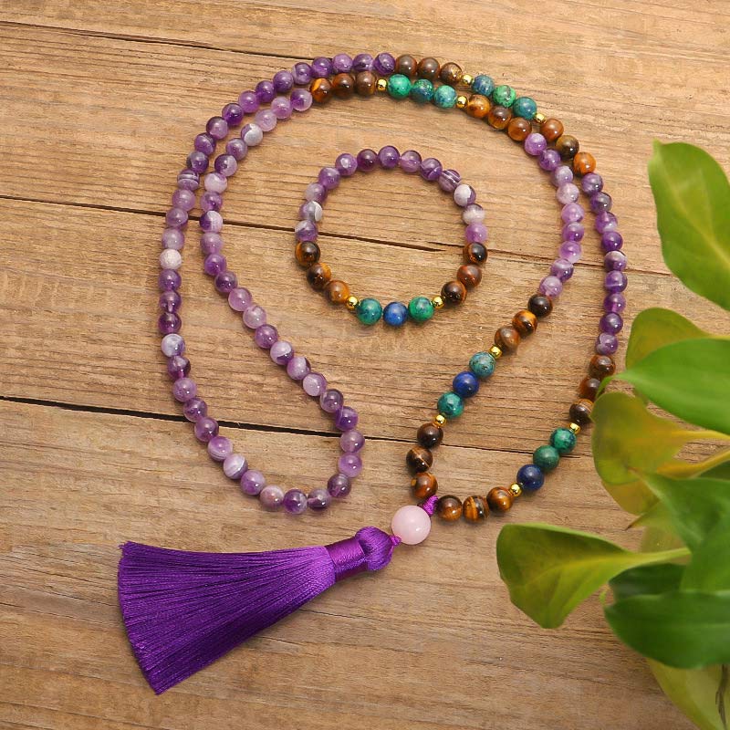 Buddha Stones Set di braccialetti mala tibetani purificanti in ametista