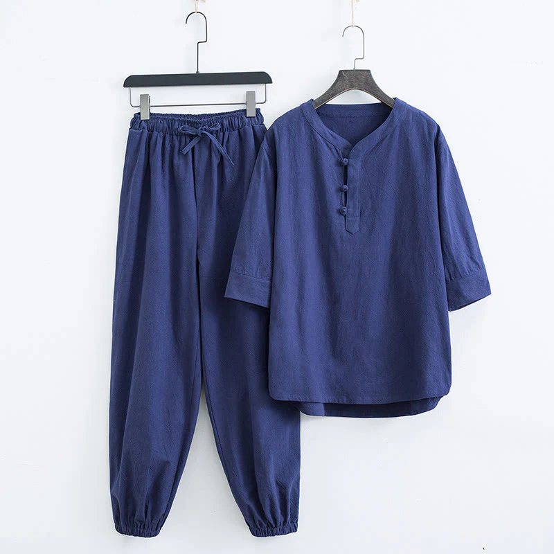 Buddha Stones Solid Color Tradizionale Cotone Lino Manica Corta T-shirt Pantaloni Abbigliamento Uomo Set - Image 13
