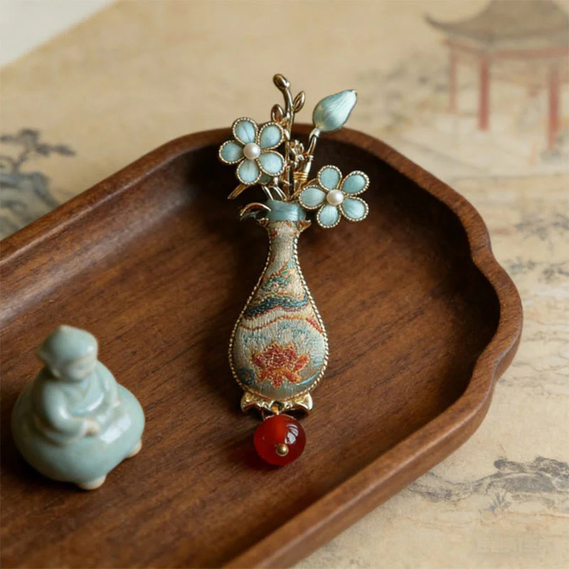Buddha Stones Spilla elegante con design a vaso di fiori in broccato Song. - Image 3