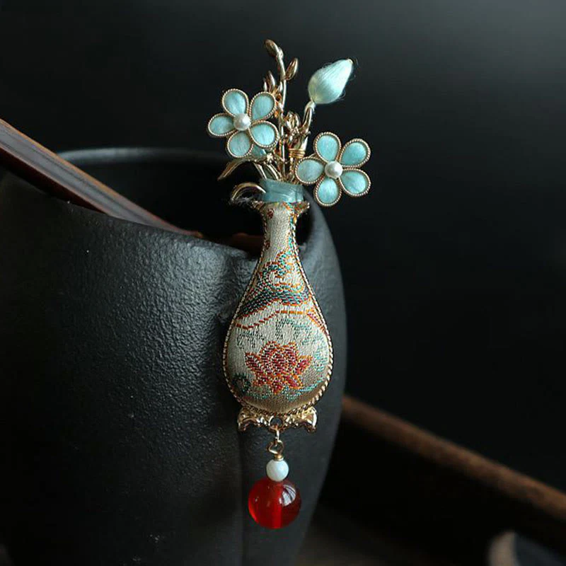 Buddha Stones Spilla elegante con design a vaso di fiori in broccato Song. - Image 5