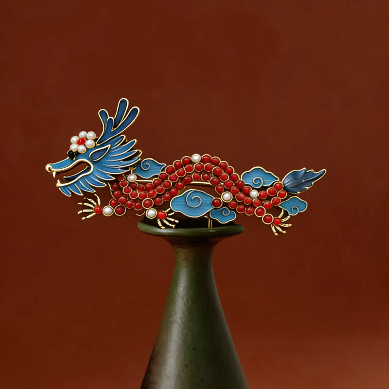 Buddha Stones Spilla portafortuna Drago Blu e Turchese Rosso