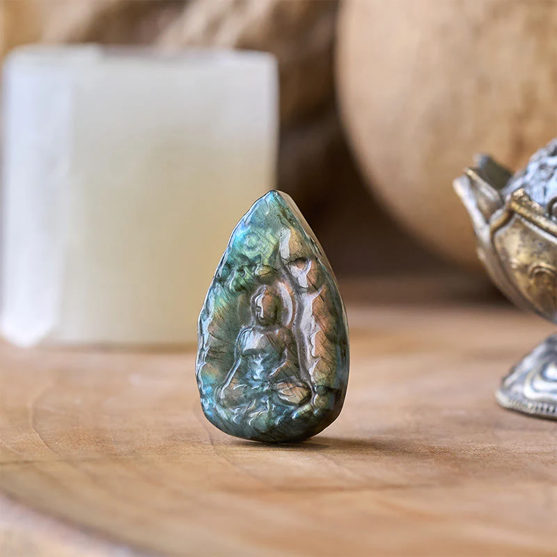 Buddha Stones Statua di Buddha in labradorite naturale con incisione a forma di lacrima, decorazione per la casa - Image 3