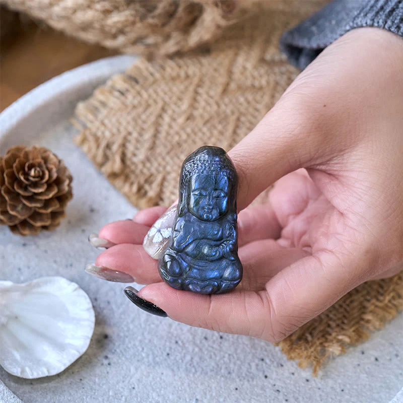 Buddha Stones Statua di guarigione in labradorite naturale con simbolo del Buddha, decorazione per la casa - Image 4