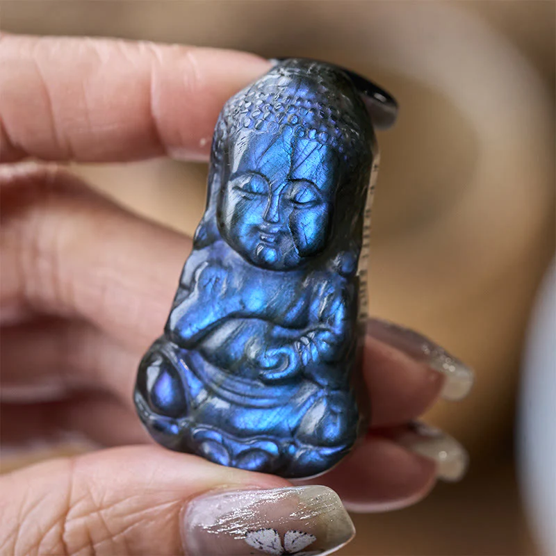 Buddha Stones Statua di guarigione in labradorite naturale con simbolo del Buddha, decorazione per la casa - Image 5