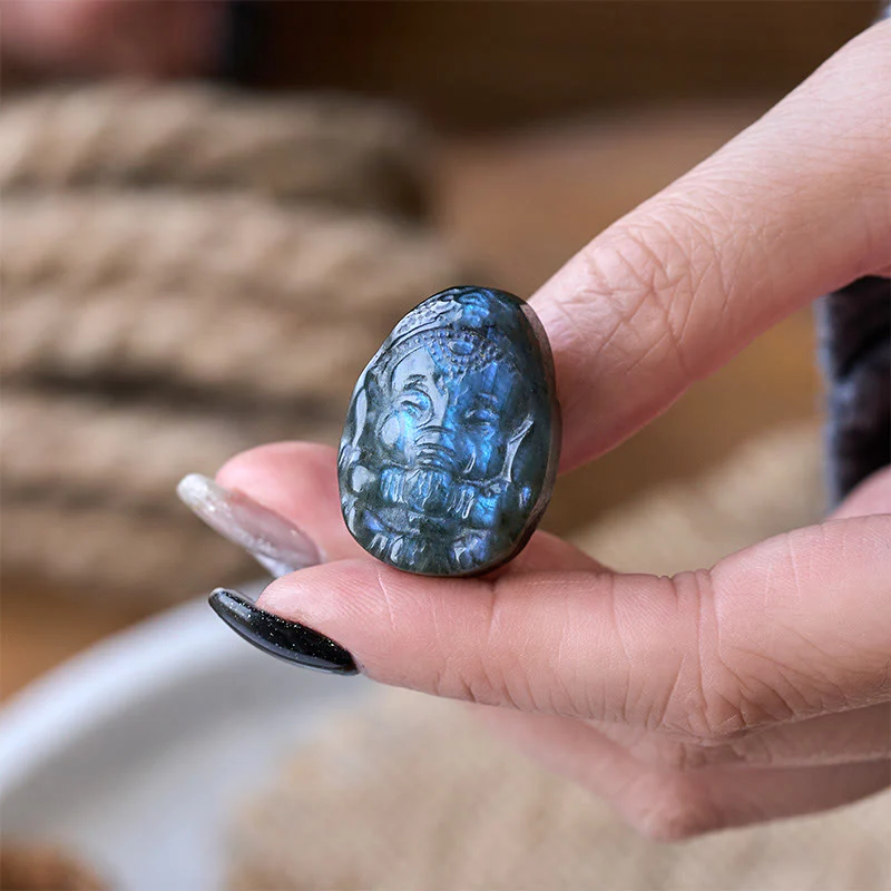 Buddha Stones Statua di protezione curativa in labradorite naturale con statuetta di elefante Ganesh, decorazione per la casa - Image 4