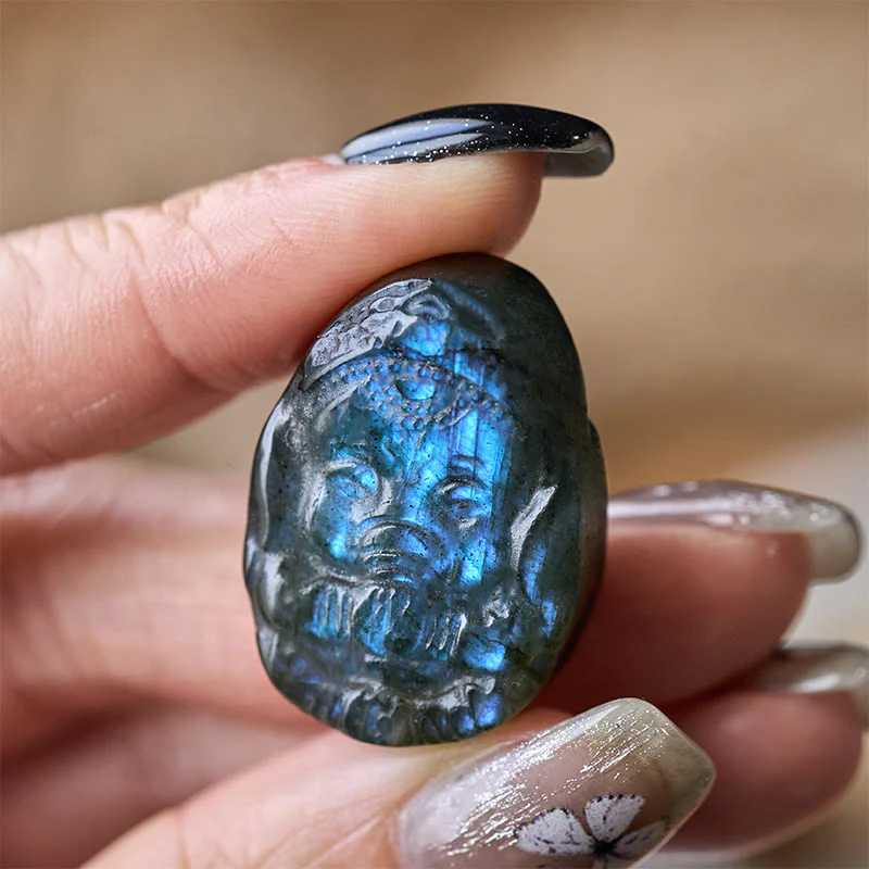 Buddha Stones Statua di protezione curativa in labradorite naturale con statuetta di elefante Ganesh, decorazione per la casa - Image 5