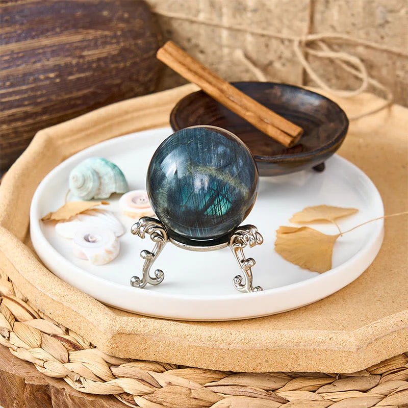 Buddha Stones Statuetta a forma di sfera rotonda in labradorite naturale, decorazione per ufficio e casa - Image 3