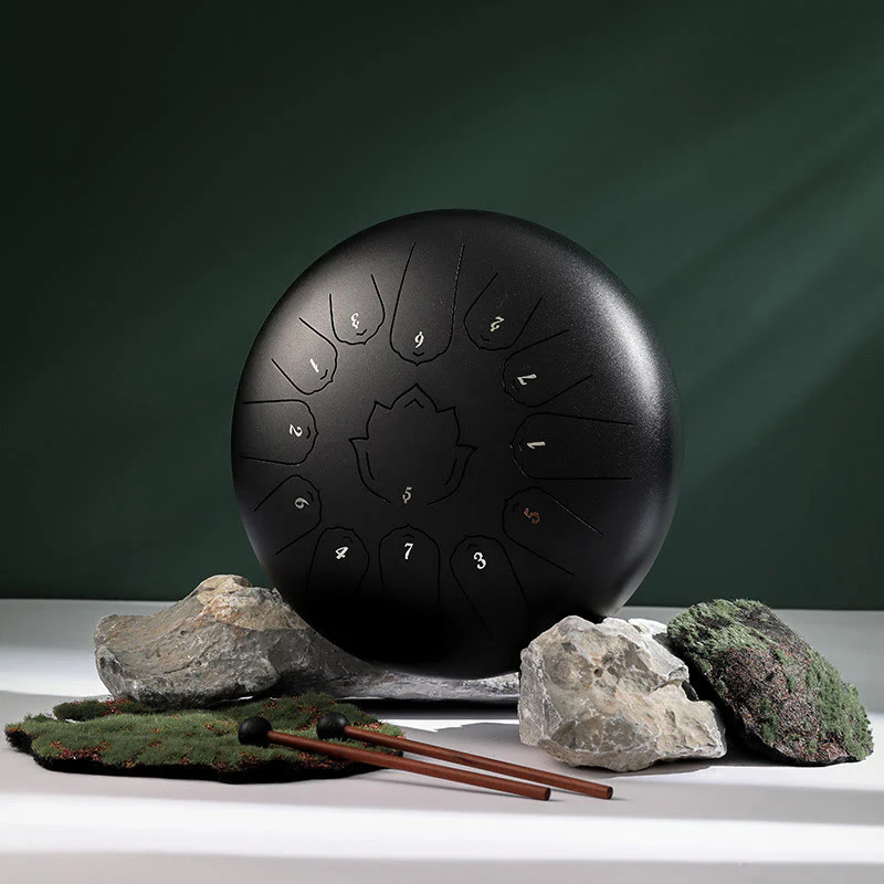 Buddha Stones Steel Tongue Drum Sound Healing Mindfulness Lotus Pattern Yoga Drum Kit 13 Note 12 Pollici Strumento a percussione