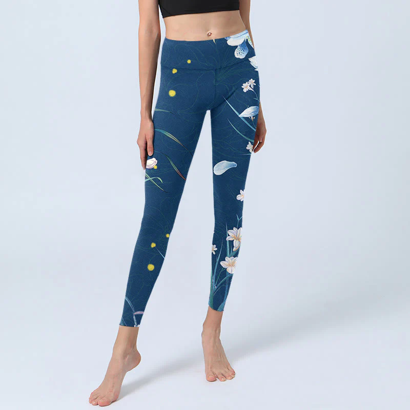 Buddha Stones SteelBlue Piccoli fiori bianchi Farfalla Leggings da esercizio Pantaloni da yoga da donna - Image 6
