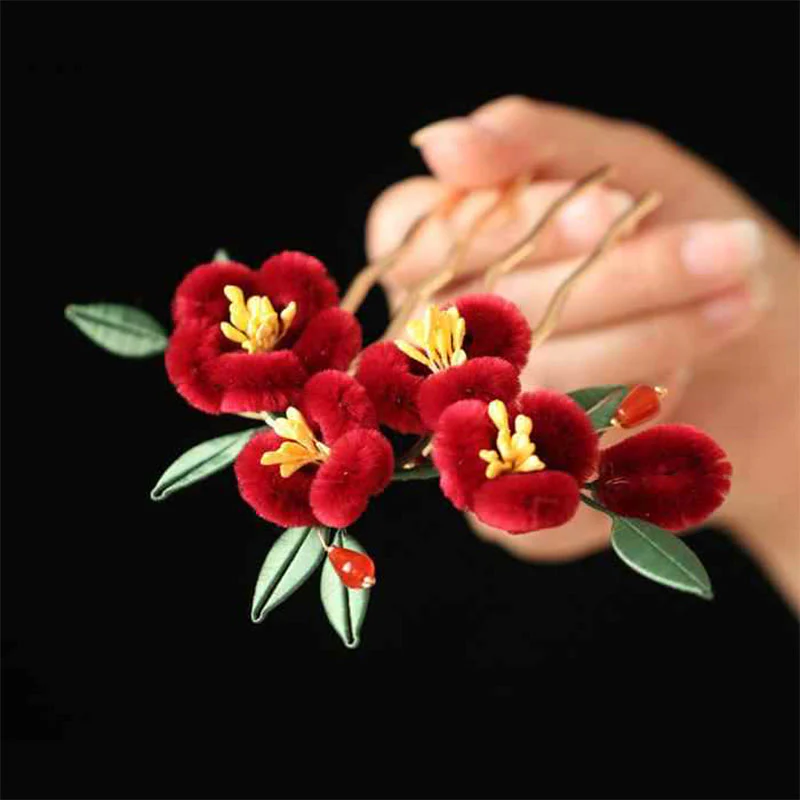 Buddha Stones Stile cinese classico Fiore rosso Farfalla blu Forcina per capelli Pettine per capelli Barrette - Image 13