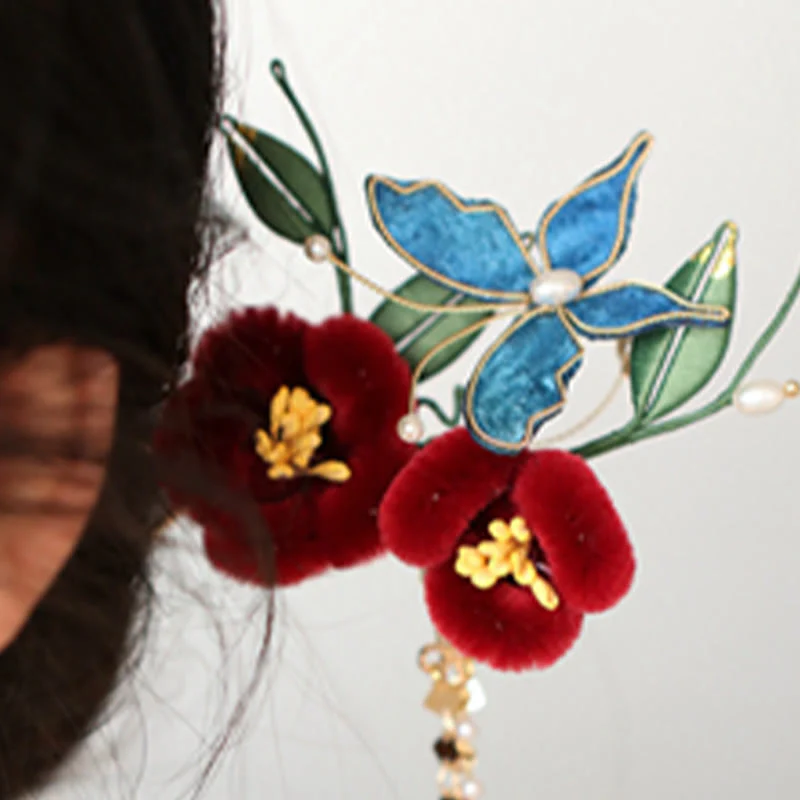 Buddha Stones Stile cinese classico Fiore rosso Farfalla blu Forcina per capelli Pettine per capelli Barrette - Image 3