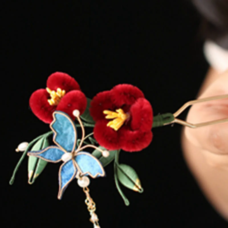 Buddha Stones Stile cinese classico Fiore rosso Farfalla blu Forcina per capelli Pettine per capelli Barrette - Image 8