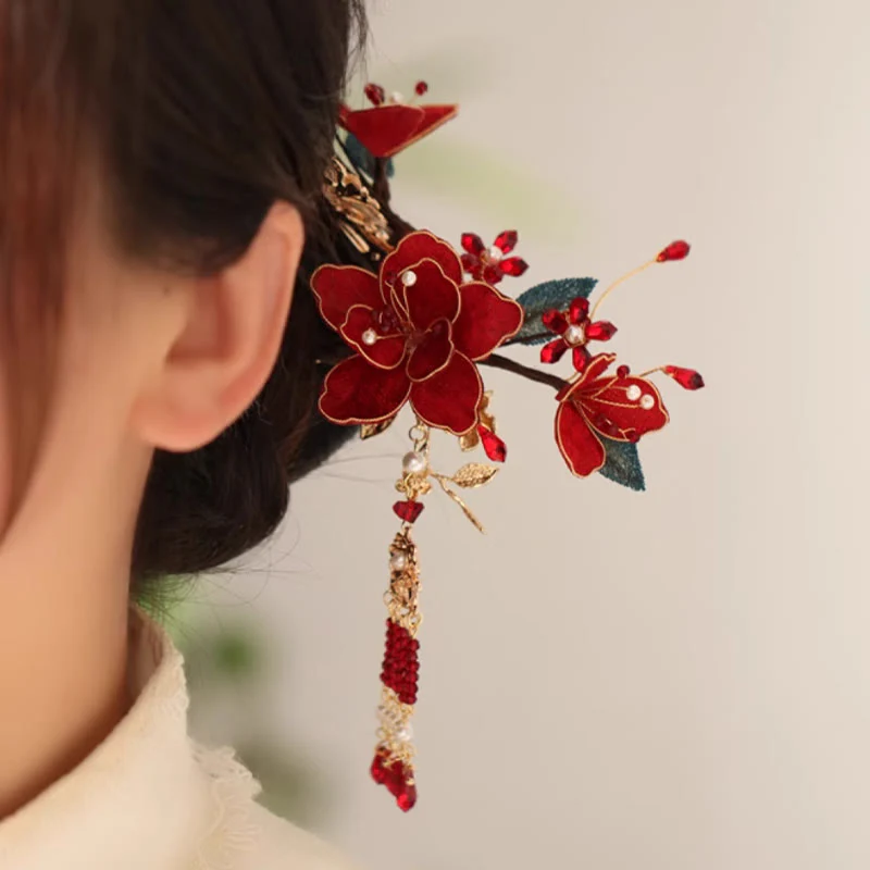 Buddha Stones Stile cinese classico Fiore rosso Farfalla Nappa Pettine per capelli Forcina - Image 2