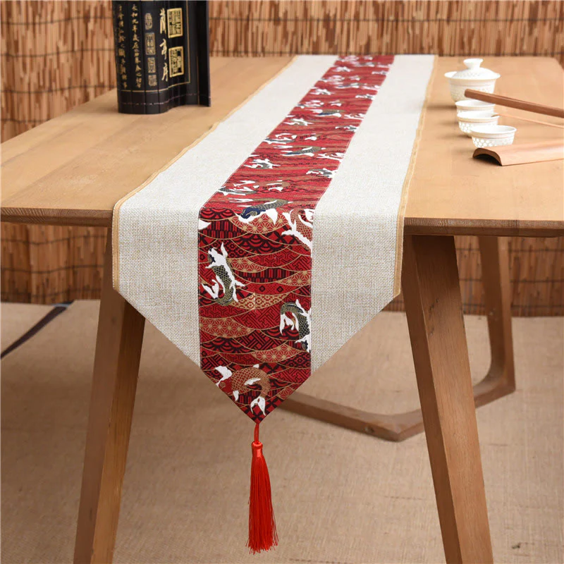 Buddha Stones Stile cinese classico Loto Koi Pesce Fiore Gru Calligrafia Illuminazione Cotone Lino Nappe Runner da tavolo - Image 32