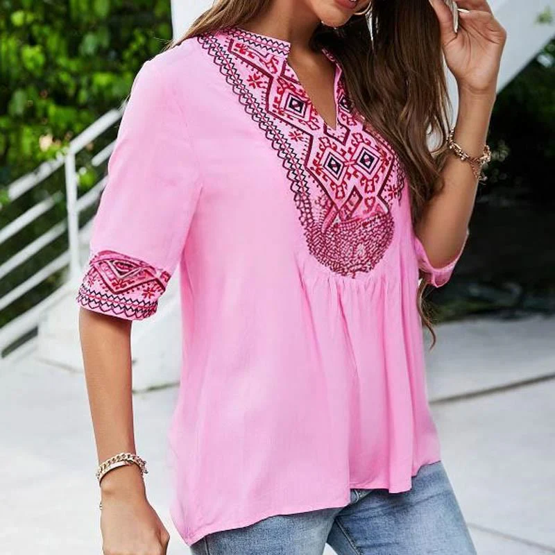 Buddha Stones Summer Boho Ricamo Motivo Floreale Mezza Manica Scollo a V Cotone T-Shirt da Donna - Image 5