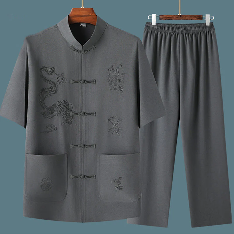 Buddha Stones Tang Suit Hanfu Drago Cinese Tradizionale Kung Fu Uniforme Manica Corta Top e Pantaloni Abbigliamento Uomo Set - Image 16