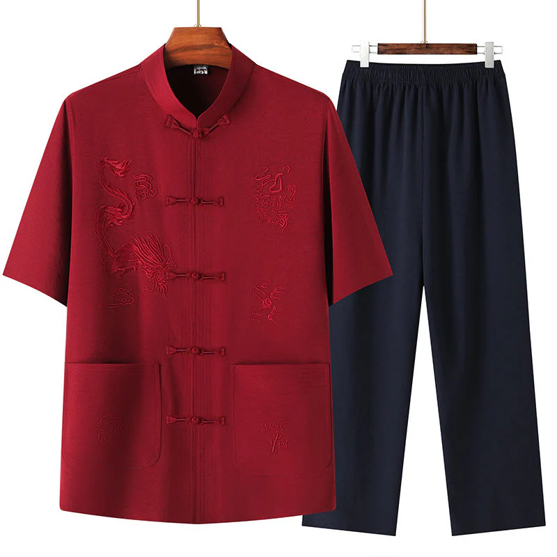 Buddha Stones Tang Suit Hanfu Drago Cinese Tradizionale Kung Fu Uniforme Manica Corta Top e Pantaloni Abbigliamento Uomo Set - Image 17