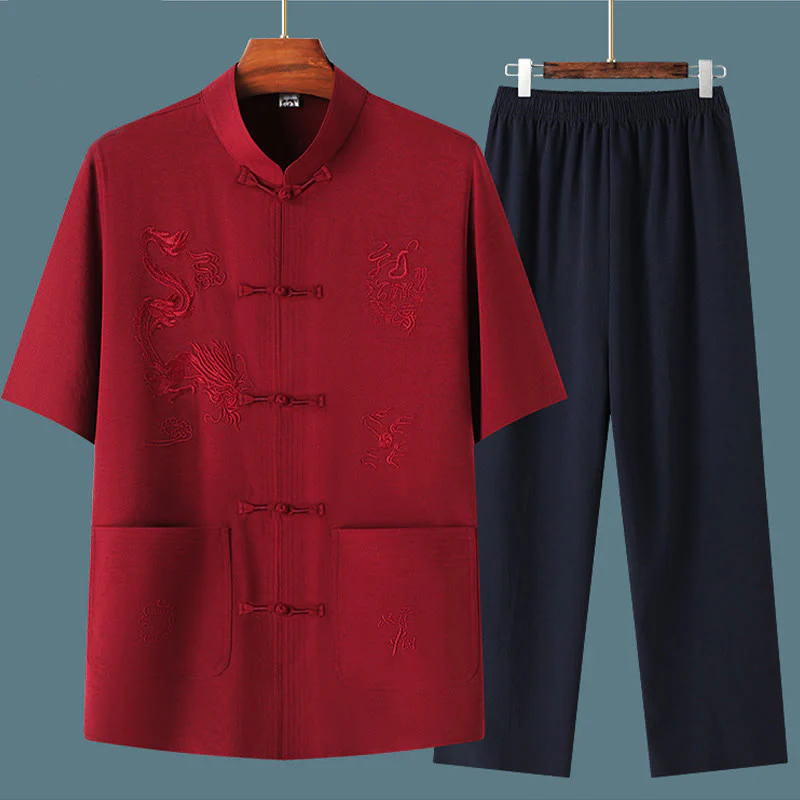 Buddha Stones Tang Suit Hanfu Drago Cinese Tradizionale Kung Fu Uniforme Manica Corta Top e Pantaloni Abbigliamento Uomo Set - Image 18