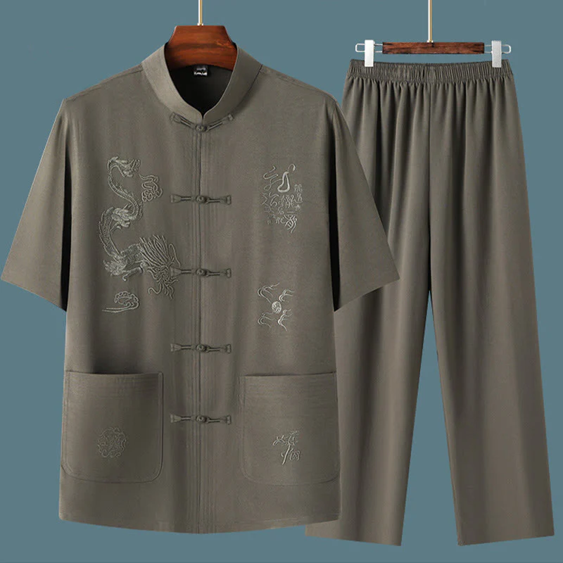 Buddha Stones Tang Suit Hanfu Drago Cinese Tradizionale Kung Fu Uniforme Manica Corta Top e Pantaloni Abbigliamento Uomo Set - Image 4