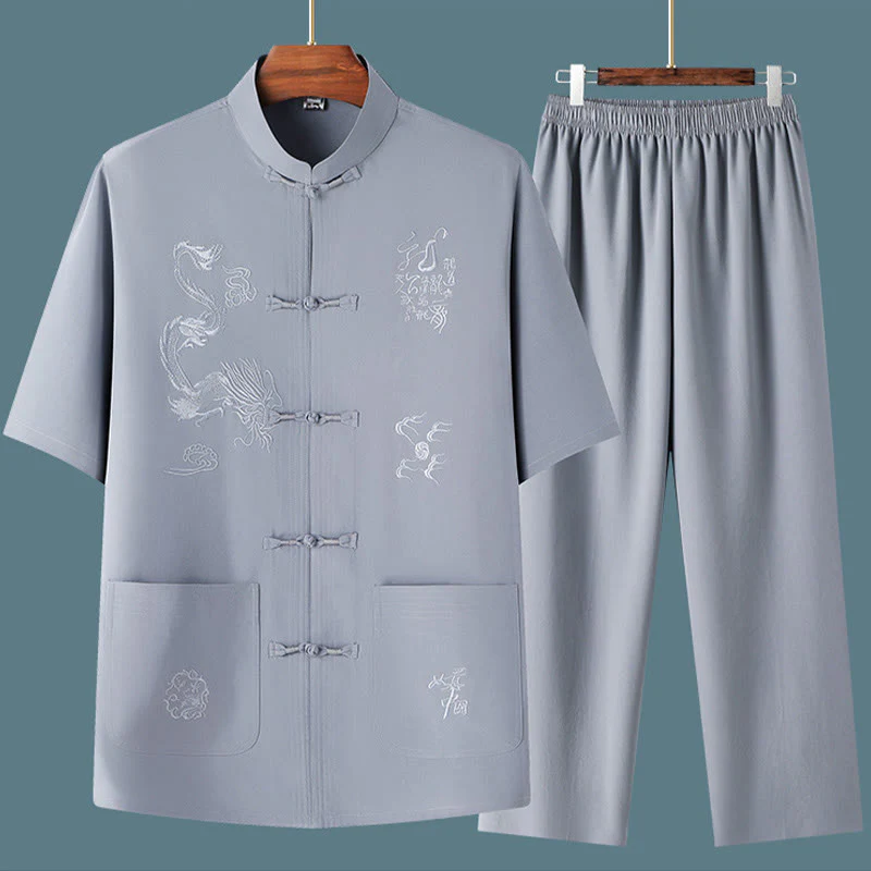 Buddha Stones Tang Suit Hanfu Drago Cinese Tradizionale Kung Fu Uniforme Manica Corta Top e Pantaloni Abbigliamento Uomo Set - Image 8
