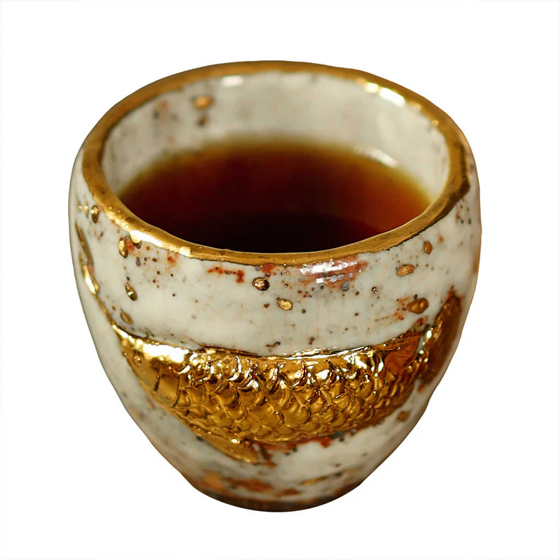 Buddha Stones Tazza da tè in ceramica con pesce koi Arowana dorato fatto a mano, tazza da tè Kung Fu, teiera - Image 10