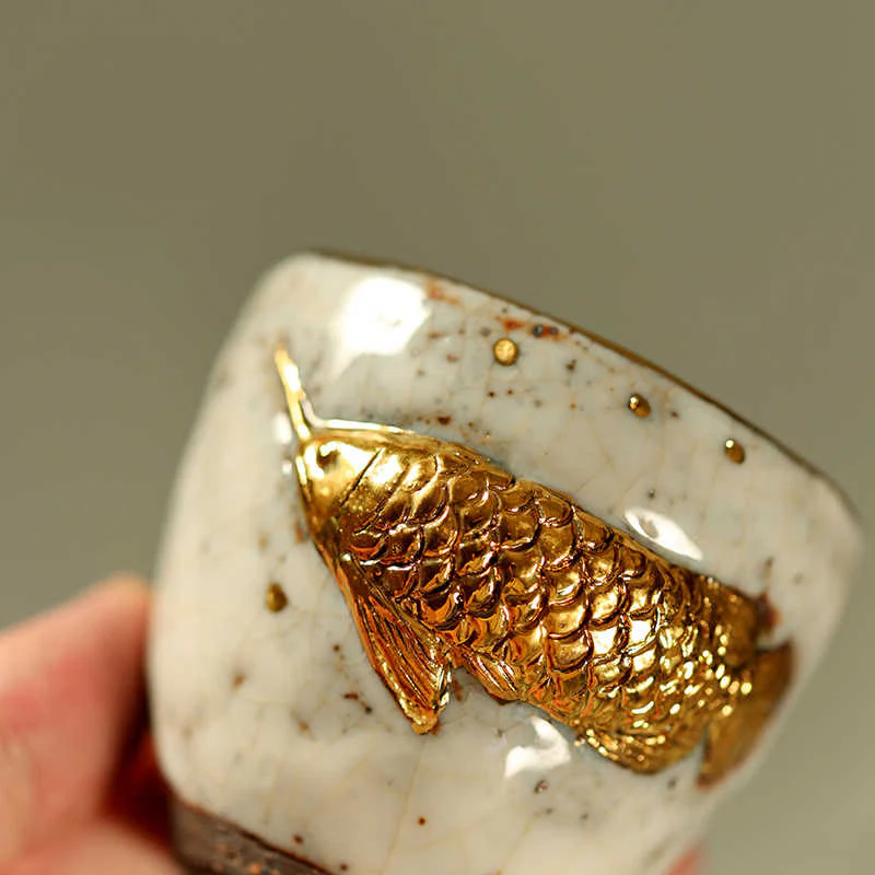 Buddha Stones Tazza da tè in ceramica con pesce koi Arowana dorato fatto a mano, tazza da tè Kung Fu, teiera - Image 6