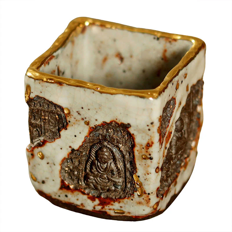 Buddha Stones Tazza da tè in ceramica Shino Buddha Dunhuang dipinta a mano, tazza da tè Kung Fu - Image 9