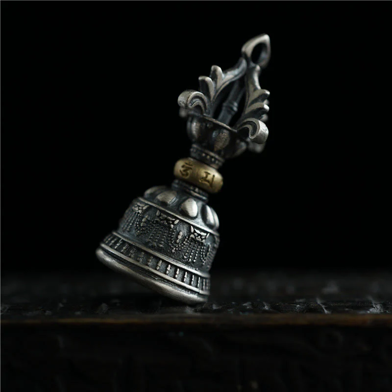 Buddha Stones Tibet 925 Sterling Silver Om Mani Padme Hum Dorje Campana Vajra Inciso Illuminazione Ciondolo Appeso Decorazione - Image 3