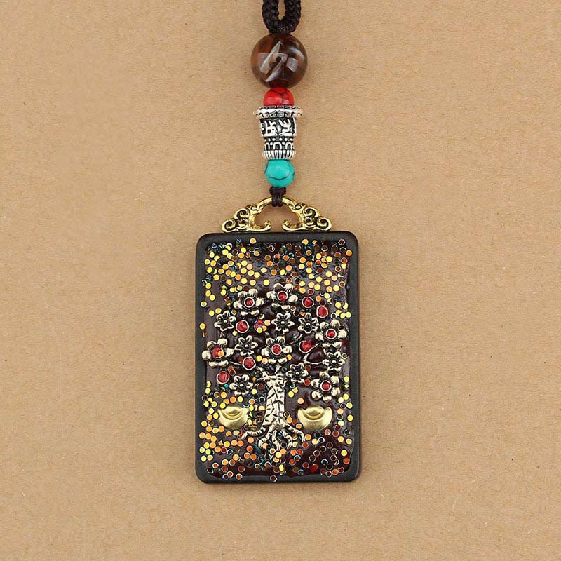 Buddha Stones Tibet Dio della Ricchezza Albero dei Soldi Fenice Dorata Thangka Ebano Collana Pendente della Pace - Image 12